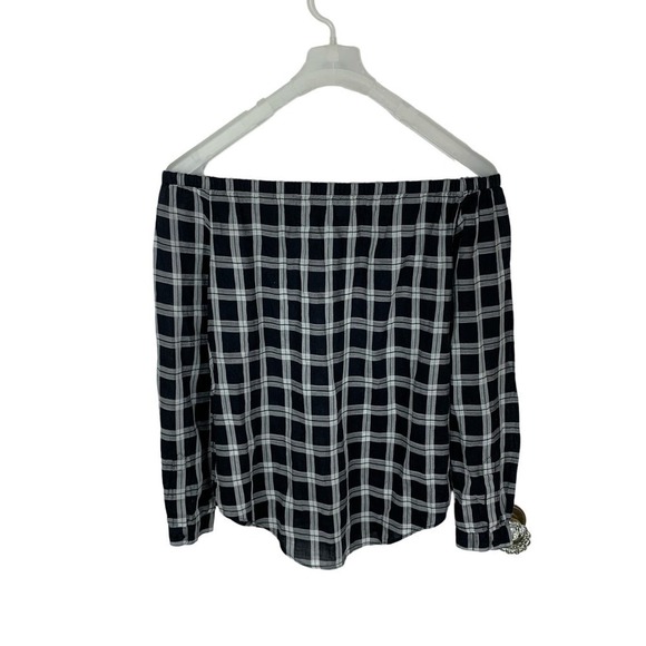 rag & bone JEAN Greta Off Shoulder Black White Plaid Top Size XS - Picture 5 of 11